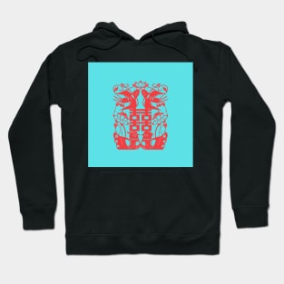 Traditional Chinese Paper Cutting Pattern - Hong Kong Retro Turquoise Blue with Red Symbol Hoodie